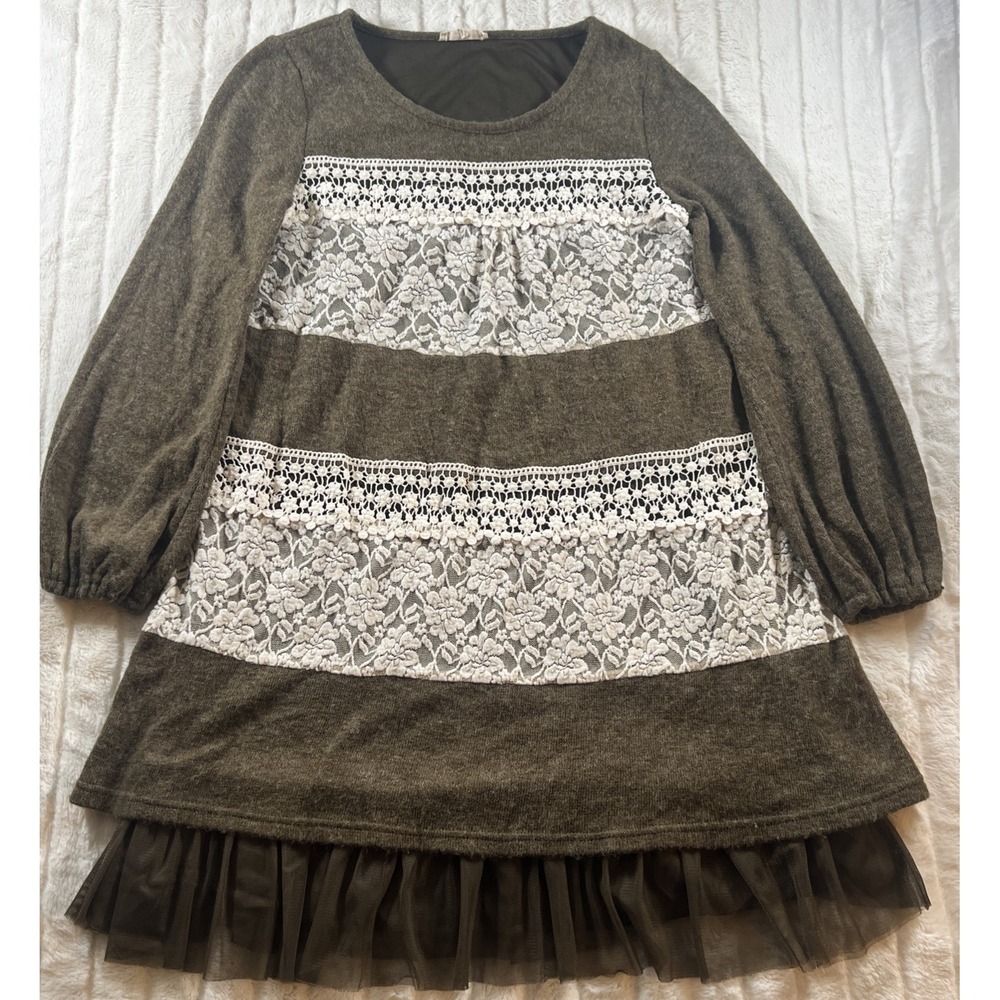 RYU Anthropologie Sweater Dress Womens Size M Floral Embroidered Lace Boho Green